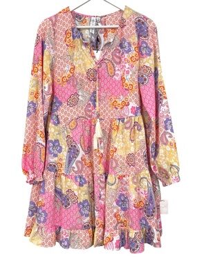 Patchwork Paisley Colorful Tiered Ruffle Long Sleeve Dress Oversized Small NWT